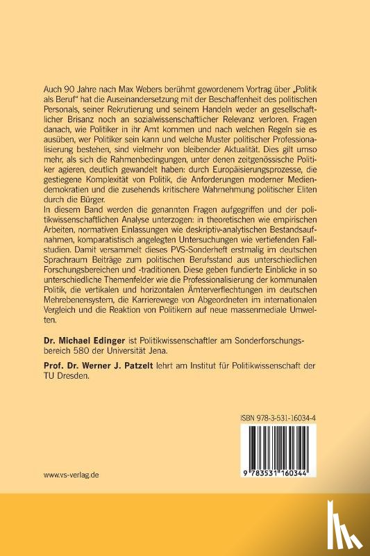 Michael (Friedrich-Schiller-University Jena, Germany) Edinger, Werner J Patzelt - Politik ALS Beruf