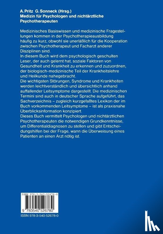 Alfred Pritz, Gernot Sonneck - Medizin Fur Psychologen Und Nichtarztliche Psychotherapeuten