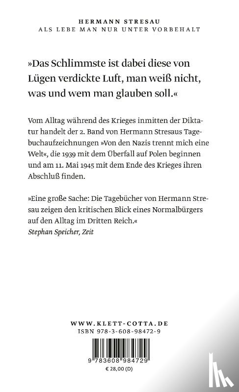 Stresau, Hermann - Als lebe man nur unter Vorbehalt