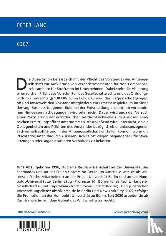 Abel, Nina - Die Pflicht des Vorstandes der Aktiengesellschaft zur Einleitung unternehmensinterner Ermittlungen bei Verdacht auf Non-Compliance