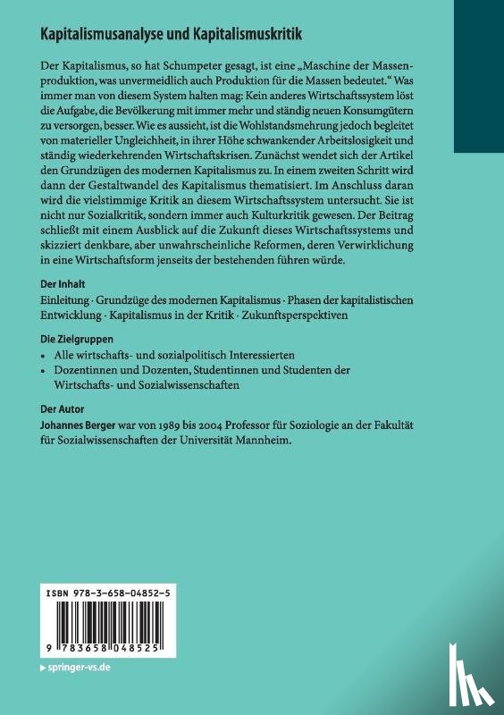 Berger, Johannes - Kapitalismusanalyse und Kapitalismuskritik