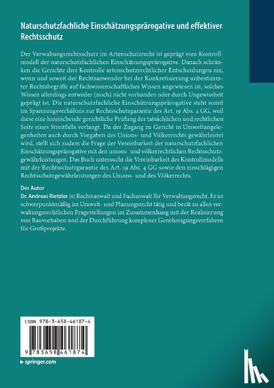 Rietzler, Andreas - Naturschutzfachliche Einschatzungsprarogative und effektiver Rechtsschutz