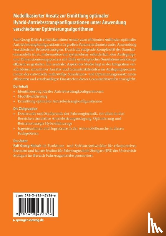 Kleisch, Ralf Georg - Modellbasierter Ansatz zur Ermittlung optimaler Hybrid-Antriebsstrangkonfigurationen unter Anwendung verschiedener Optimierungsalgorithmen