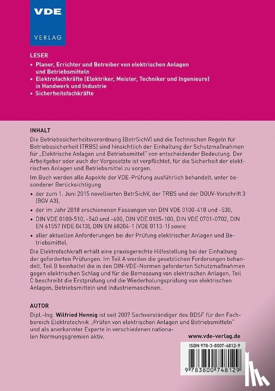 Hennig, Wilfried - VDE-Prüfung nach BetrSichV, TRBS und DGUV-Vorschrift 3