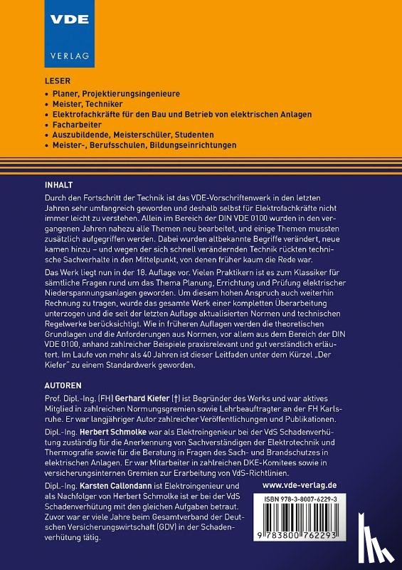 Kiefer, Gerhard, Schmolke, Herbert, Callondann, Karsten - VDE 0100 und die Praxis