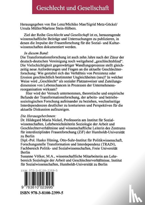 Hildegard Maria Nickel, Susanne Voelker, Hasko Huning - Transformation -- Unternehmensreorganisation -- Geschlechterforschung