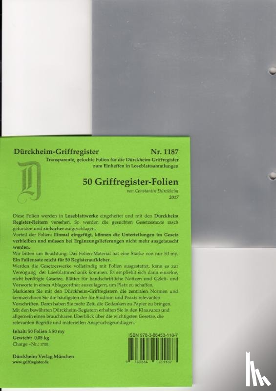  - 50 DürckheimRegister®-FOLIEN für STEUERGESETZE u.a; zum Einheften und Unterteilen der Gesetzessammlungen