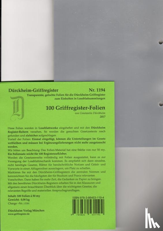  - 100 DürckheimRegister®-FOLIEN für STEUERGESETZE u.a; zum Einheften und Unterteilen der Gesetzessammlungen