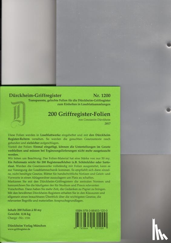  - 200 DürckheimRegister®-FOLIEN für STEUERGESETZE, SCHÖNFELDER u.a; zum Einheften und Unterteilen der roten Gesetzessammlungen