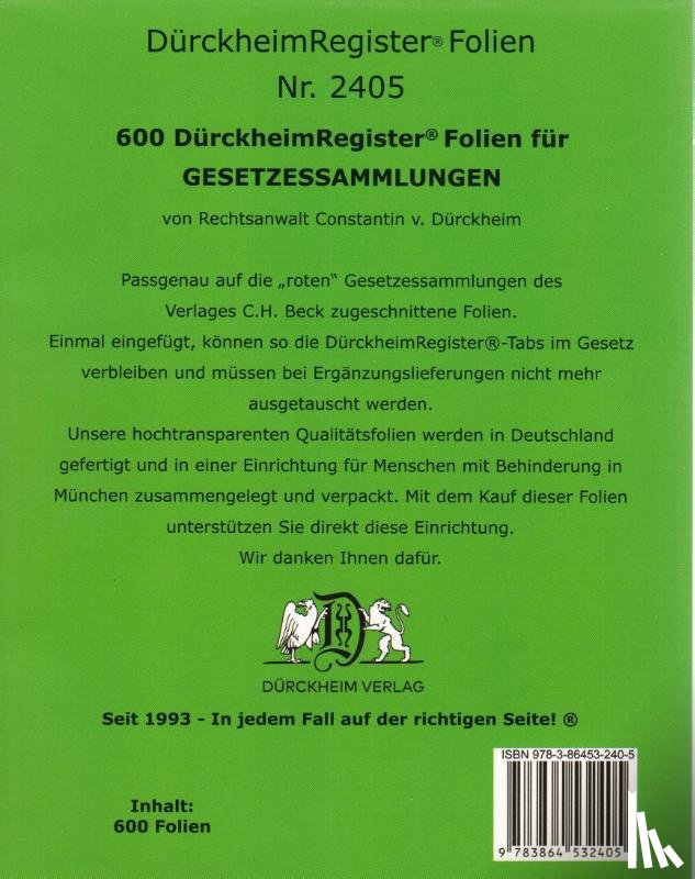  - 600 DürckheimRegister®-FOLIEN für STEUERGESETZE u.a; zum Einheften und Unterteilen der Gesetzessammlungen