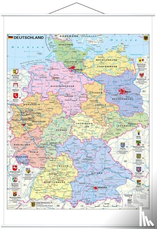 Stiefel, Heinrich - Deutschland politisch mit Wappen 1 : 700.000. Wandkarte mit Metallbeleistung