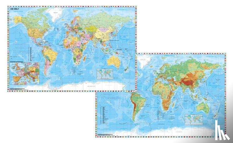 Stiefel, Heinrich - Weltkarte mit Ausschnitt Zentraleuropa / Weltkarte physisch. Duo-Schreibunterlage