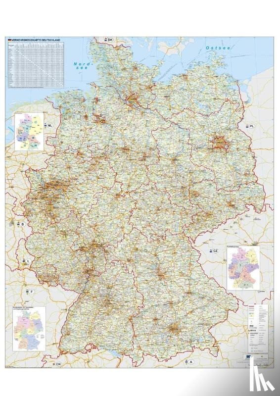 Stiefel, Heinrich - Verkehrswegekarte Deutschland. Wandkarte mit Metallbeleistung gerollt im Kunststoffrohr