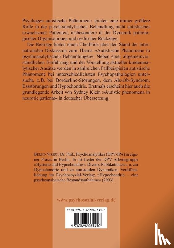 Nissen, Bernd - Autistische Phanomene in psychoanalytischen Behandlungen