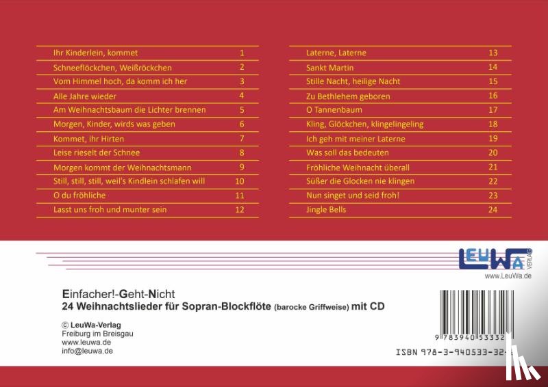 Leuchtner, Martin, Waizmann, Bruno - Einfacher!-Geht-Nicht: 24 Weihnachtslieder für Sopran-Blockflöte (Barocke Griffweise) mit CD