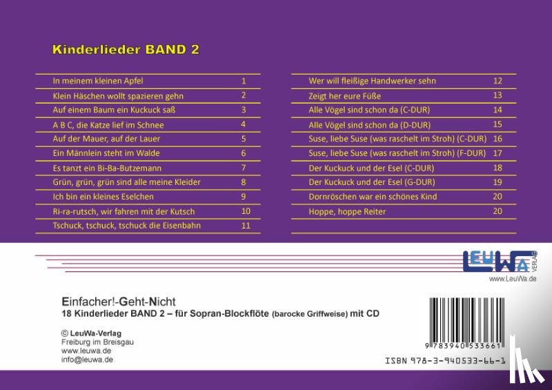 Leuchtner, Martin, Waizmann, Bruno - Einfacher!-Geht-Nicht: 18 Kinderlieder BAND 2 - für Sopran Blockflöte (barocke Griffweise) mit CD