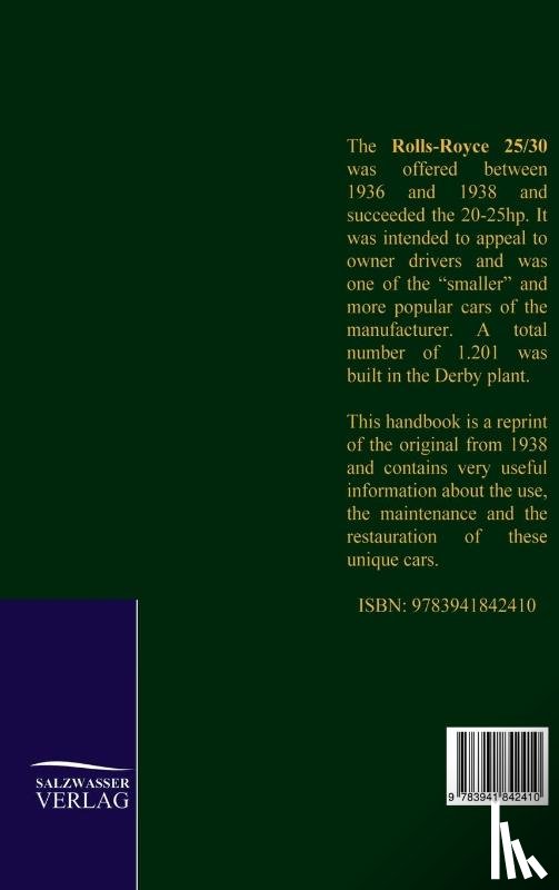 Royce, Rolls - Handbook for 25-30 Rolls-Royce Car