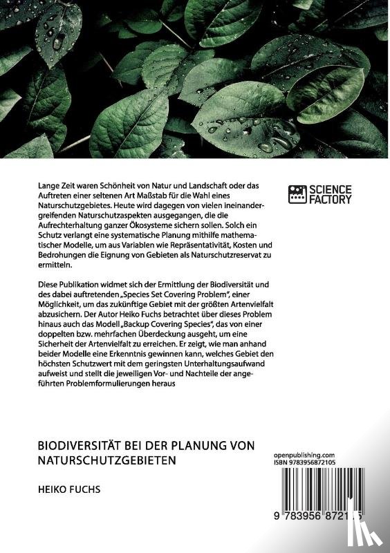 Fuchs, Heiko - Biodiversitat bei der Planung von Naturschutzgebieten. Probleme des Species Set Covering und des Backup Species Covering