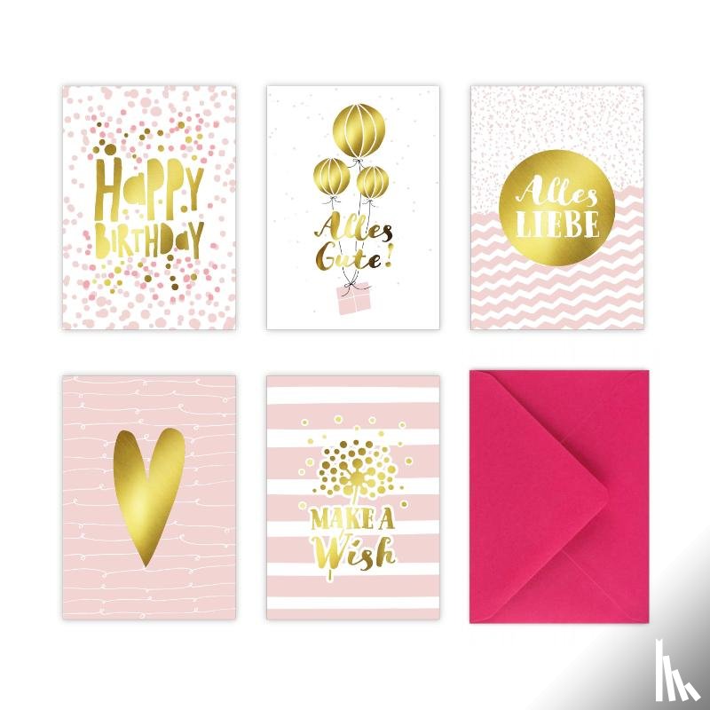 Wirth, Lisa - 5 Geburtstagskarten im Set inkl. Umschläge in pink. Rosa Glückwunschkarten zum in DIN A6 mit edler Folienprägung in Gold. Klappkarten zum Geburtstag, Hochzeit, Geburt, Firmung, Konfirmation
