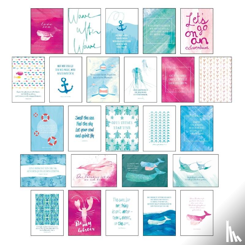 Wirth, Lisa - Postkarten Set "Sand & Sea" - 25 hochwertige Postkarten mit sommerlichen Motiven sowie inspirierenden und motivierenden Sprüchen & Zitaten zum Dekorieren oder Verschicken. Von Hand designte Spruchkarten Sommer, Sonne, Strand & Meer
