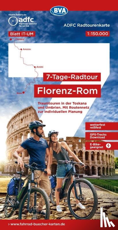  - ADFC-Radtourenkarte IT-UM 7-Tage-Radtour Florenz-Rom, 1:150.000, reiß- und wetterfest, E-Bike geeignet, GPS-Tracks Download, mit Kilometer-Angaben
