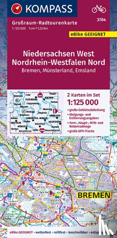  - KOMPASS Großraum-Radtourenkarte 3704 Niedersachsen West, Nordrhein-Westfalen Nord 1:125.000