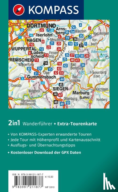 Behla, Thilo, Behla, Sylvia, Harnach, Klaus - KOMPASS Wanderführer Sauerland mit Rothaarsteig, 50 Touren mit Extra-Tourenkarte