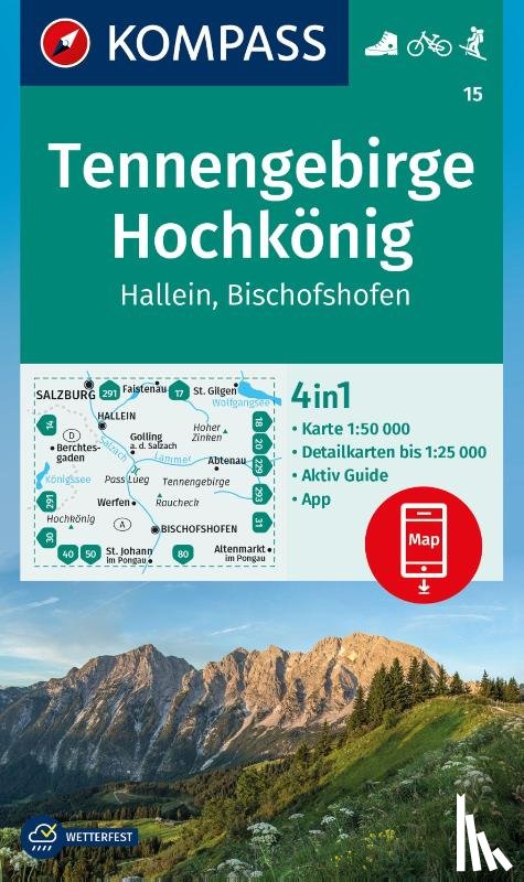  - KOMPASS Wanderkarte 15 Tennengebirge, Hochkönig, Hallein, Bischofshofen 1:50.000