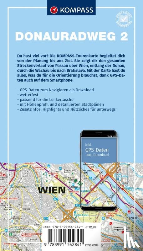  - KOMPASS Fahrrad-Tourenkarte Donauradweg 2, von Passau über Wien nach Bratislava 1:50.000
