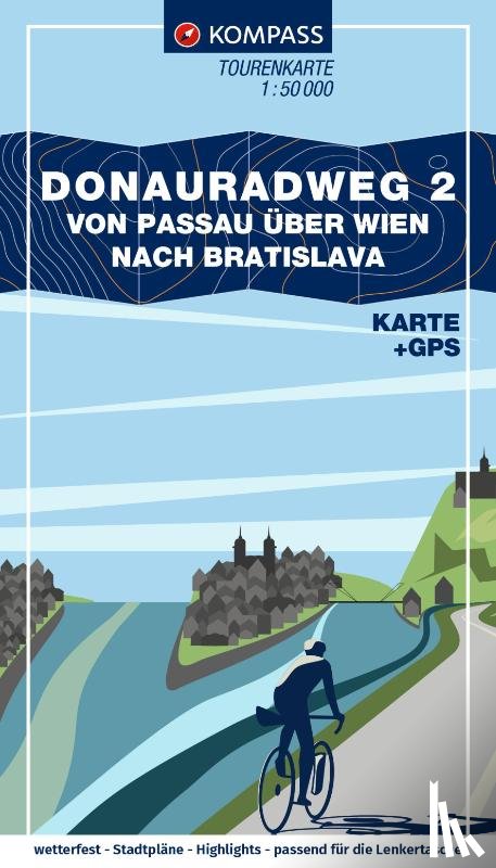  - KOMPASS Fahrrad-Tourenkarte Donauradweg 2, von Passau über Wien nach Bratislava 1:50.000