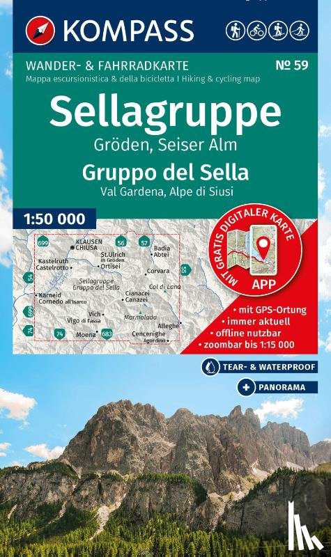  - KOMPASS Wanderkarte 59 Sellagruppe, Gröden, Seiser Alm / Gruppo del Sella, Val Gardena, Alpe di Siusi 1:50.000