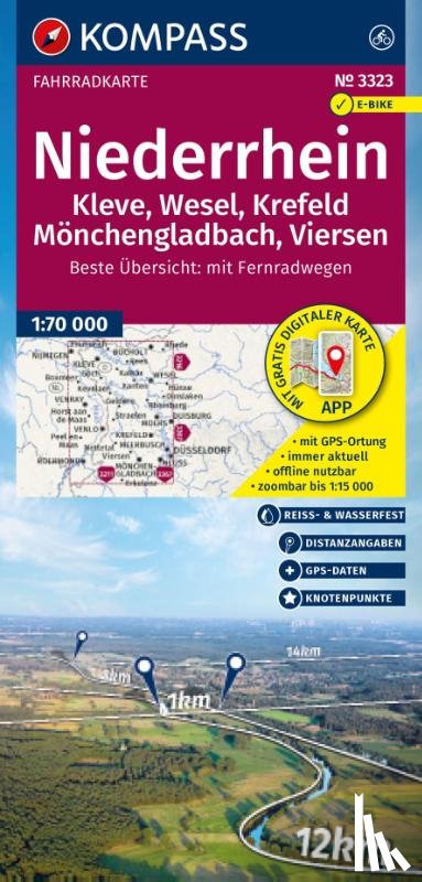  - KOMPASS Fahrradkarte 3323 Niederrhein, Kleve, Wesel, Krefeld, Mönchengladbach, Viersen mit Knotenpunkten 1:70.000