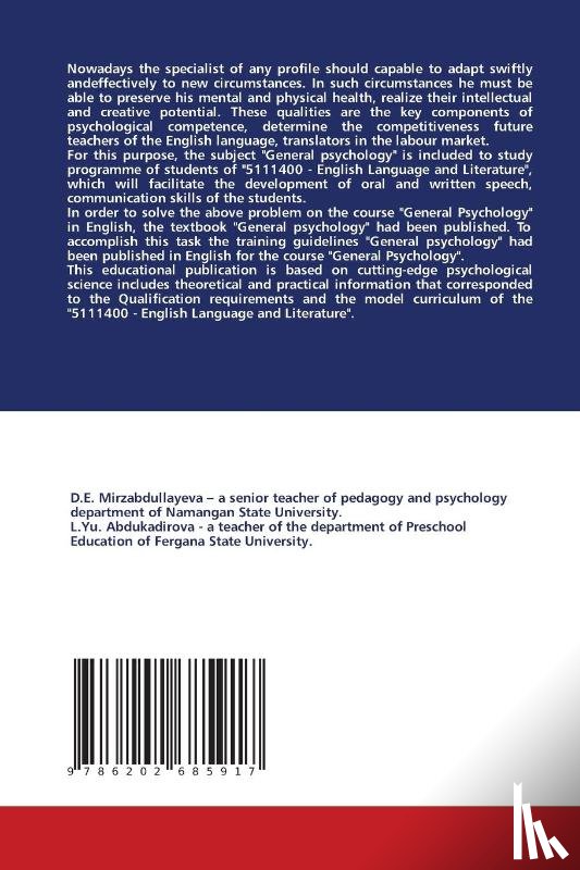 Mirzabdullayeva, D E, Abdukadirova, L Yu - General Psychology