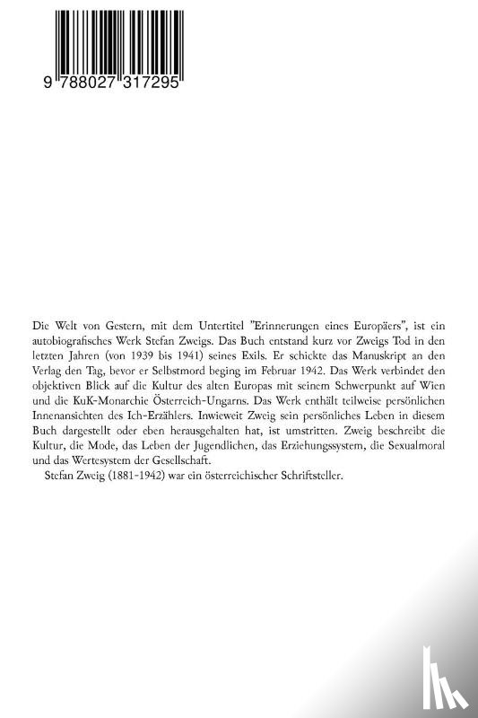 Zweig, Stefan - Die Welt von Gestern (Autobiografie)