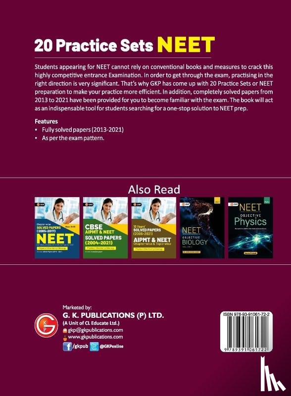 G K Publications (P) Ltd - NEET 2022 - 20 Practice Sets (Includes Solved Papers 2013-2021)