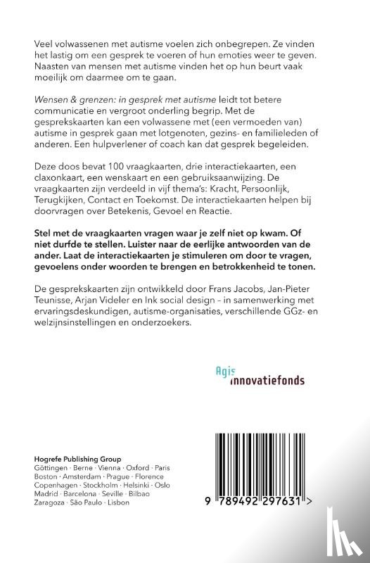 Jacobs, Frans, Teunisse, Jan Pieter, Videler, Arjan, social design studio, (Ink). - Wensen en grenzen: in gesprek met autisme