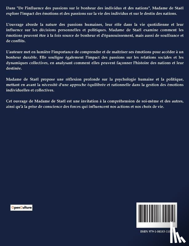 de Stael, Madame - de l'Influence Des Passions Sur Le Bonheur Des Individus Et Des Nations