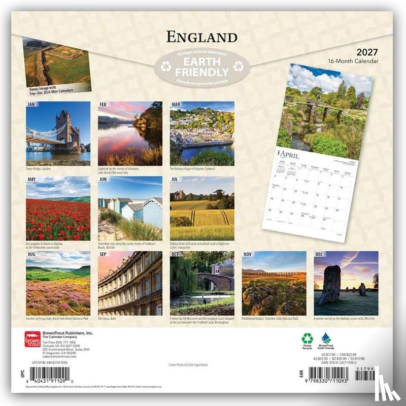 Browntrout - England 2027 12 X 24 Inch (Hanging) Monthly Square Wall Calendar Plastic-Free