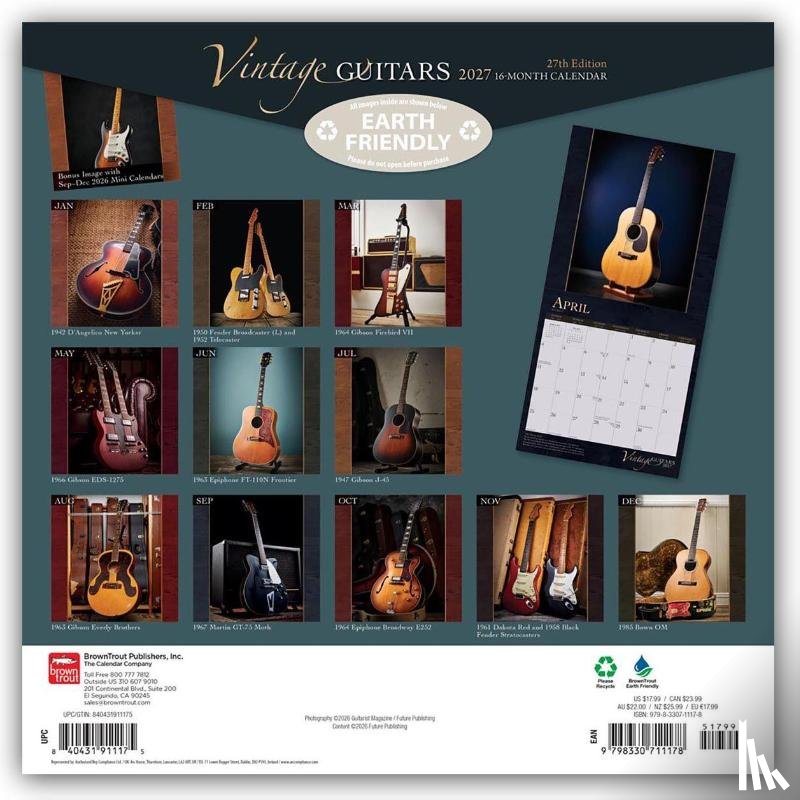 Browntrout - Vintage Guitars 2027 12 X 24 Inch (Hanging) Monthly Square Wall Calendar Foil Stamped Cover Plastic-Free