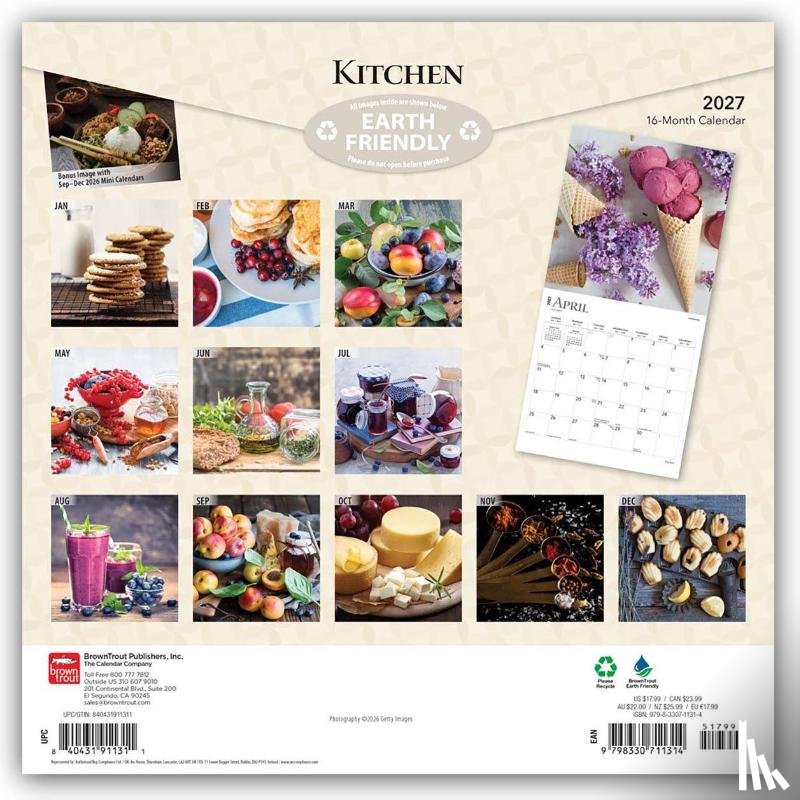 Browntrout - Kitchen 2027 12 X 24 Inch (Hanging) Monthly Square Wall Calendar Plastic-Free