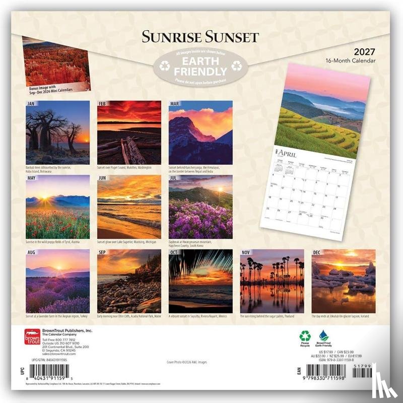 Browntrout - Sunrise Sunset 2027 12 X 24 Inch (Hanging) Monthly Square Wall Calendar Plastic-Free