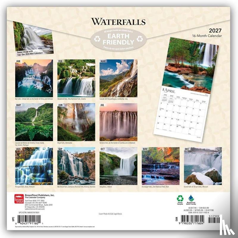 Browntrout - Waterfalls 2027 12 X 24 Inch (Hanging) Monthly Square Wall Calendar Plastic-Free
