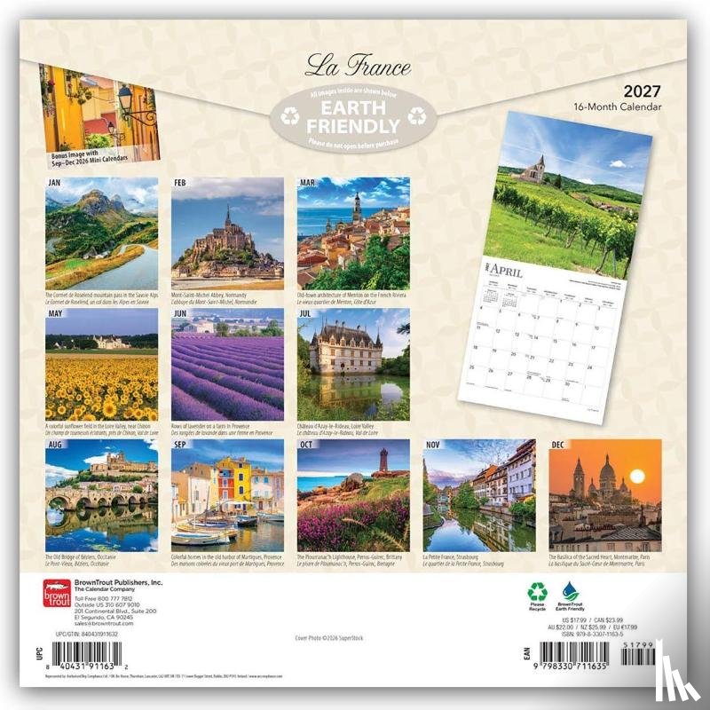 Browntrout - France 2027 12 X 24 Inch (Hanging) Monthly Square Wall Calendar Foil Stamped Cover English/French Bilingual Plastic-Free