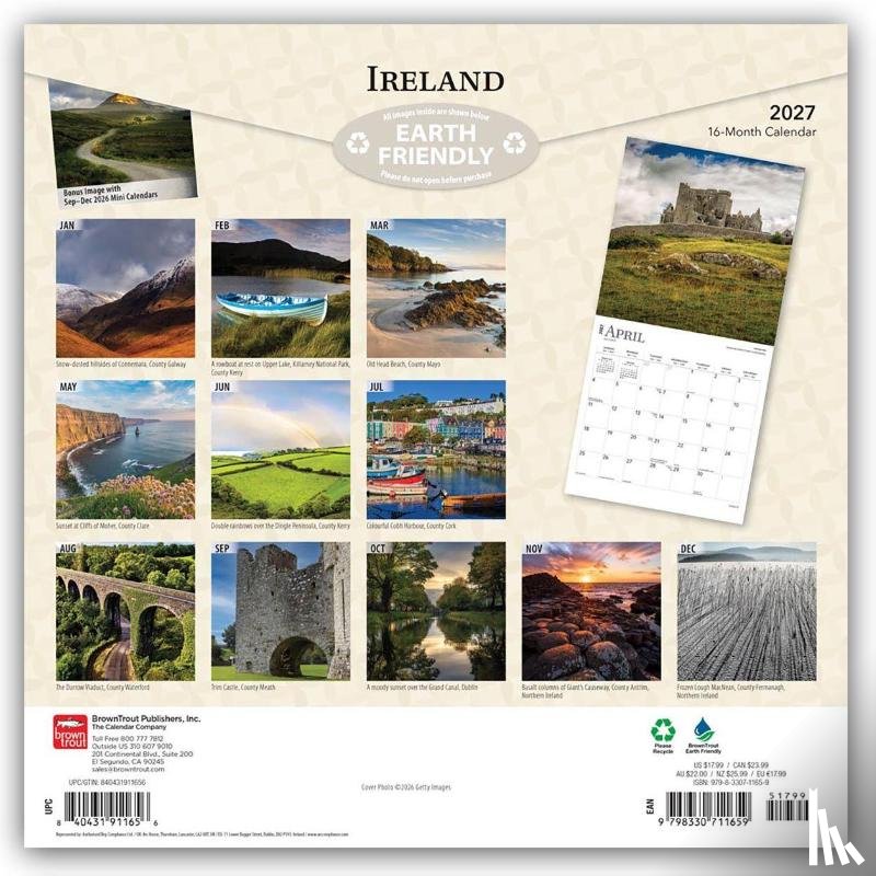 BrownTrout - Ireland | 2027 12 x 24 Inch (Hanging) Monthly Square Wall Calendar | Plastic-Free | BrownTrout | Scenic Travel Dublin Irish