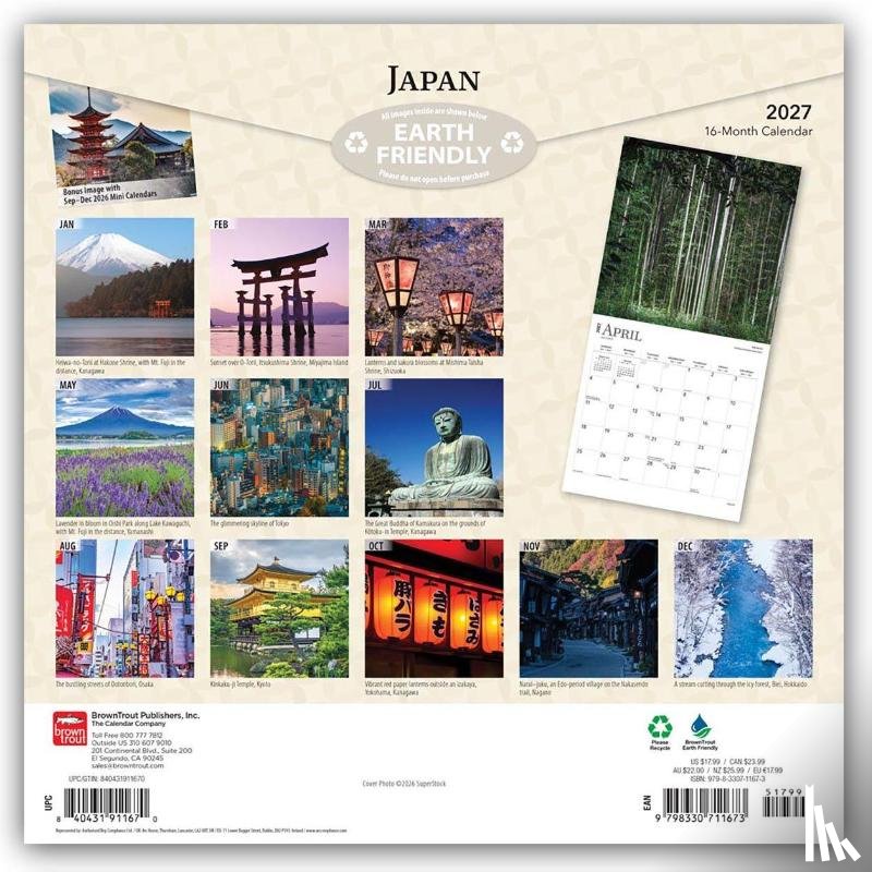 BrownTrout - Japan | 2027 12 x 24 Inch (Hanging) Monthly Square Wall Calendar | Plastic-Free | BrownTrout | Scenic Travel Asia Cherry Blossoms Tokyo Kyoto Osaka