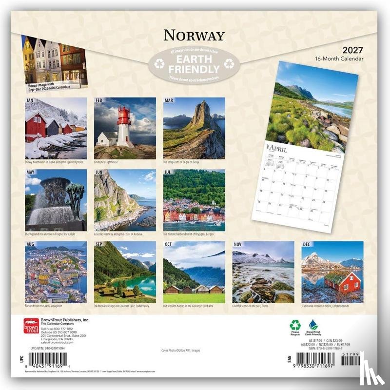 Browntrout - Norway 2027 12 X 24 Inch (Hanging) Monthly Square Wall Calendar Plastic-Free