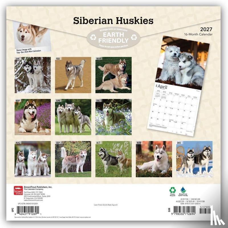 Browntrout - Siberian Huskies 2027 12 X 24 Inch (Hanging) Monthly Square Wall Calendar Plastic-Free