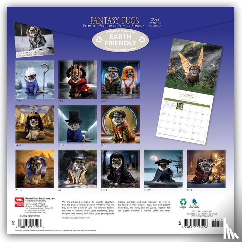 Browntrout - Fantasy Pugs Official 2027 12 X 24 Inch (Hanging) Monthly Square Wall Calendar Foil Stamped Cover Plastic-Free