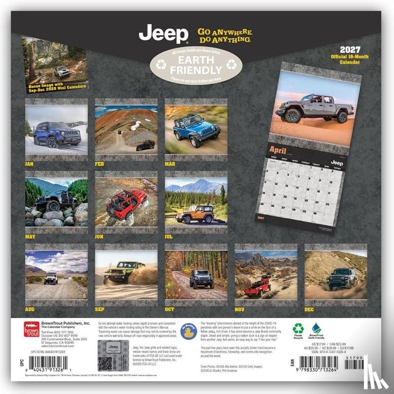 BrownTrout - Jeep OFFICIAL | 2027 12 x 24 Inch (Hanging) Monthly Square Wall Calendar | Plastic-Free | BrownTrout | Offroad Motor Car