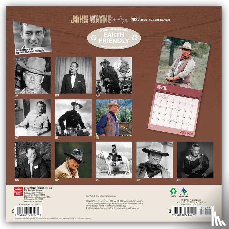 Browntrout - John Wayne Official 2027 12 X 24 Inch (Hanging) Monthly Square Wall Calendar Foil Stamped Cover Plastic-Free